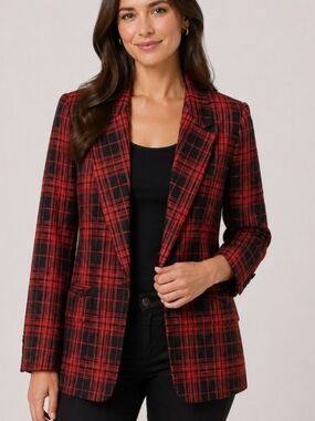 Red Plaid Tailored Blazer Jacket